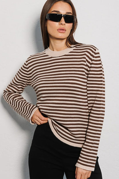 Striped Round Neck Long Sleeve Sweater-Angel Casuals