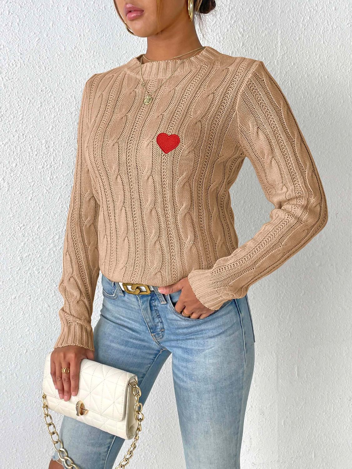 Cable-Knit Heart Round Neck Long Sleeve Sweater-Angel Casuals