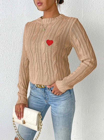 Cable-Knit Heart Round Neck Long Sleeve Sweater-Angel Casuals