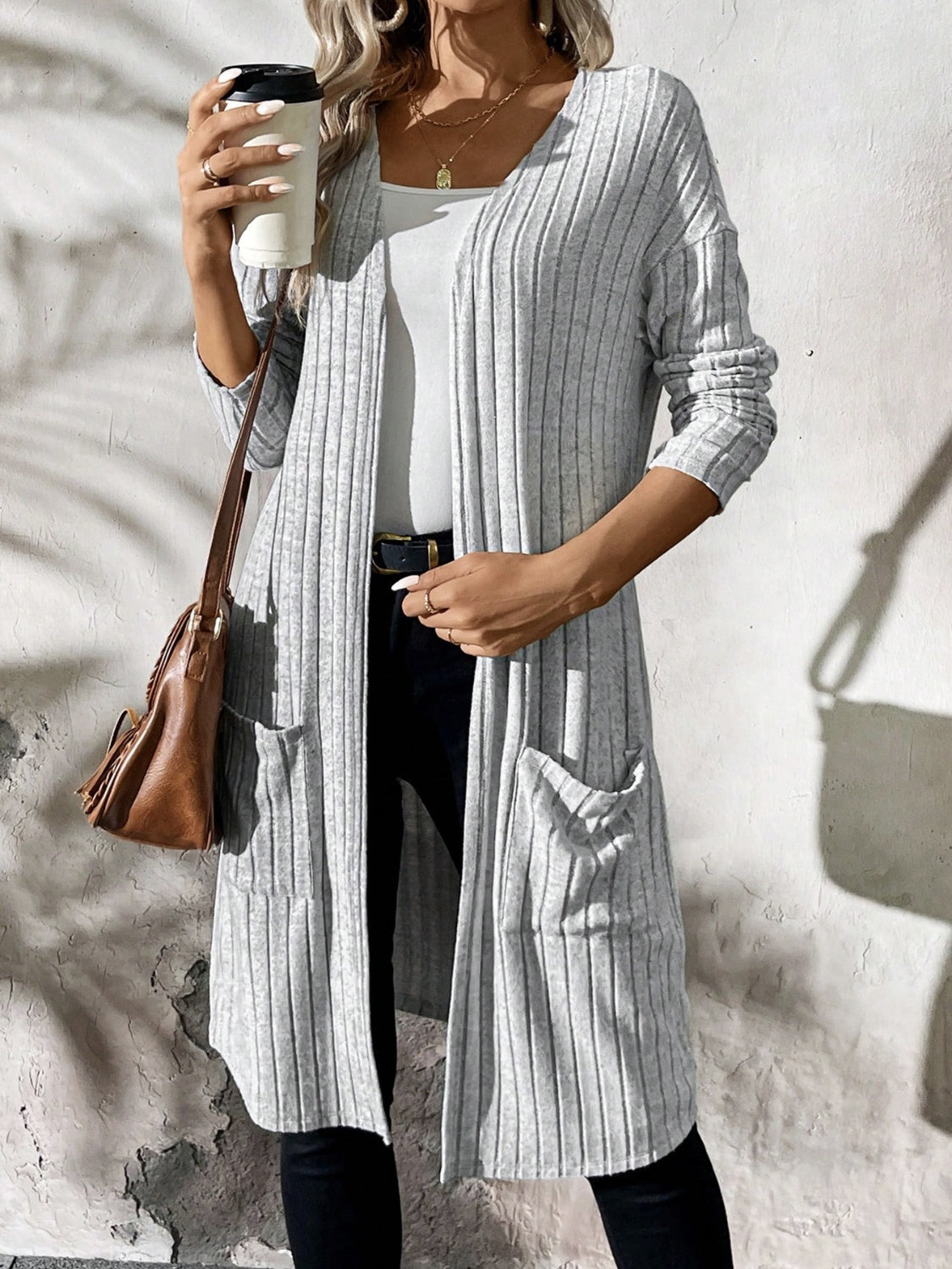 Ribbed Open Front Long Sleeve Cardigan with Pockets-Angel Casuals