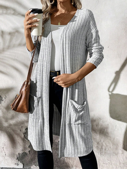Ribbed Open Front Long Sleeve Cardigan with Pockets-Angel Casuals