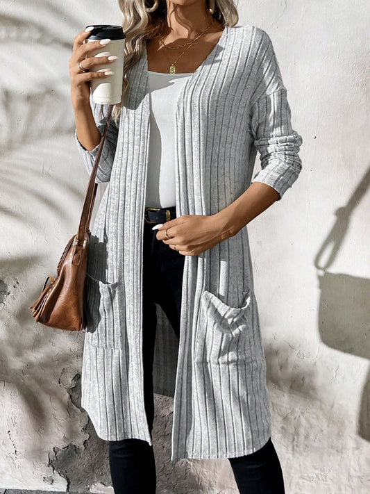 Ribbed Open Front Long Sleeve Cardigan with Pockets-Angel Casuals