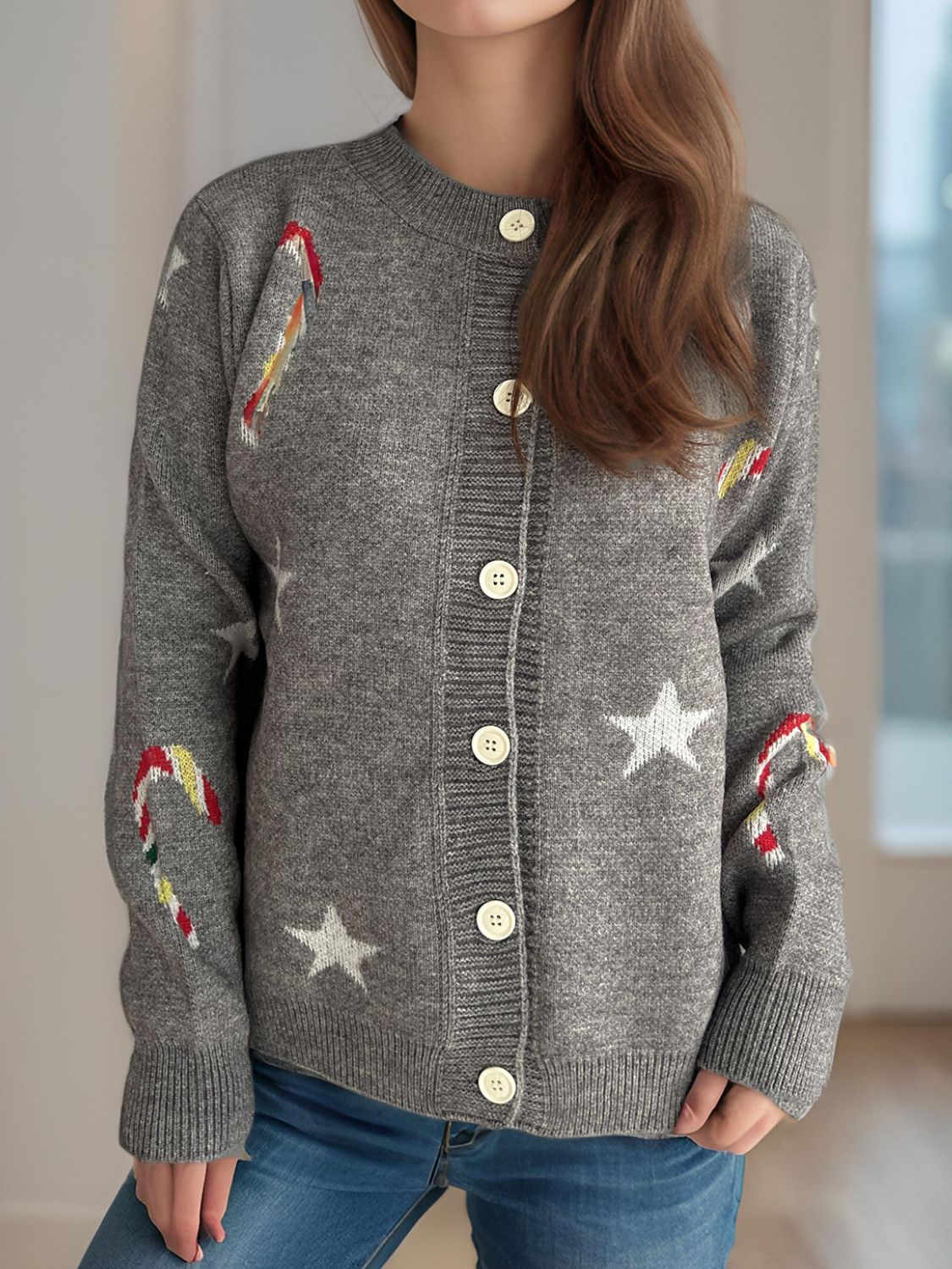Candy Cane & Star Button Down Long Sleeve Cardigan-Angel Casuals