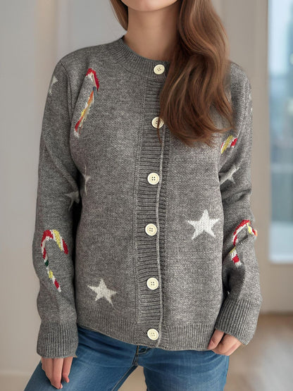 Candy Cane & Star Button Down Long Sleeve Cardigan-Angel Casuals