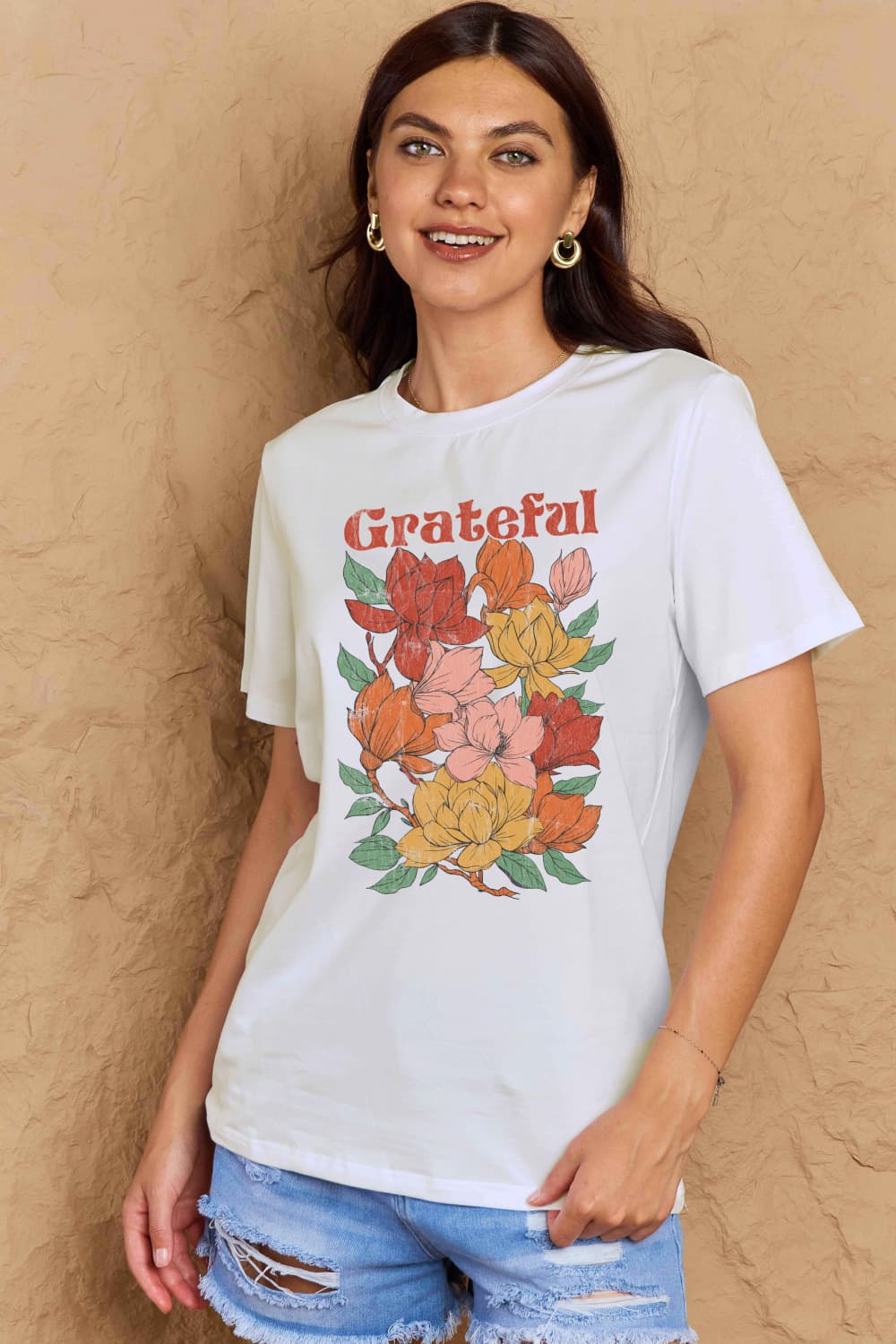 Simply Love Full Size GRATEFUL Flower Graphic Cotton T-Shirt-Angel Casuals