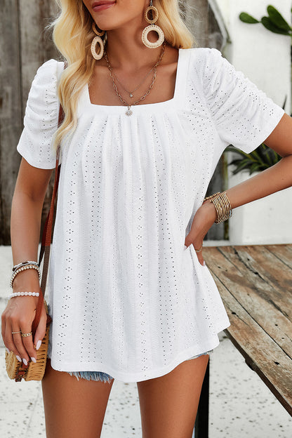Eyelet Square Neck Puff Sleeve T-Shirt-Angel Casuals