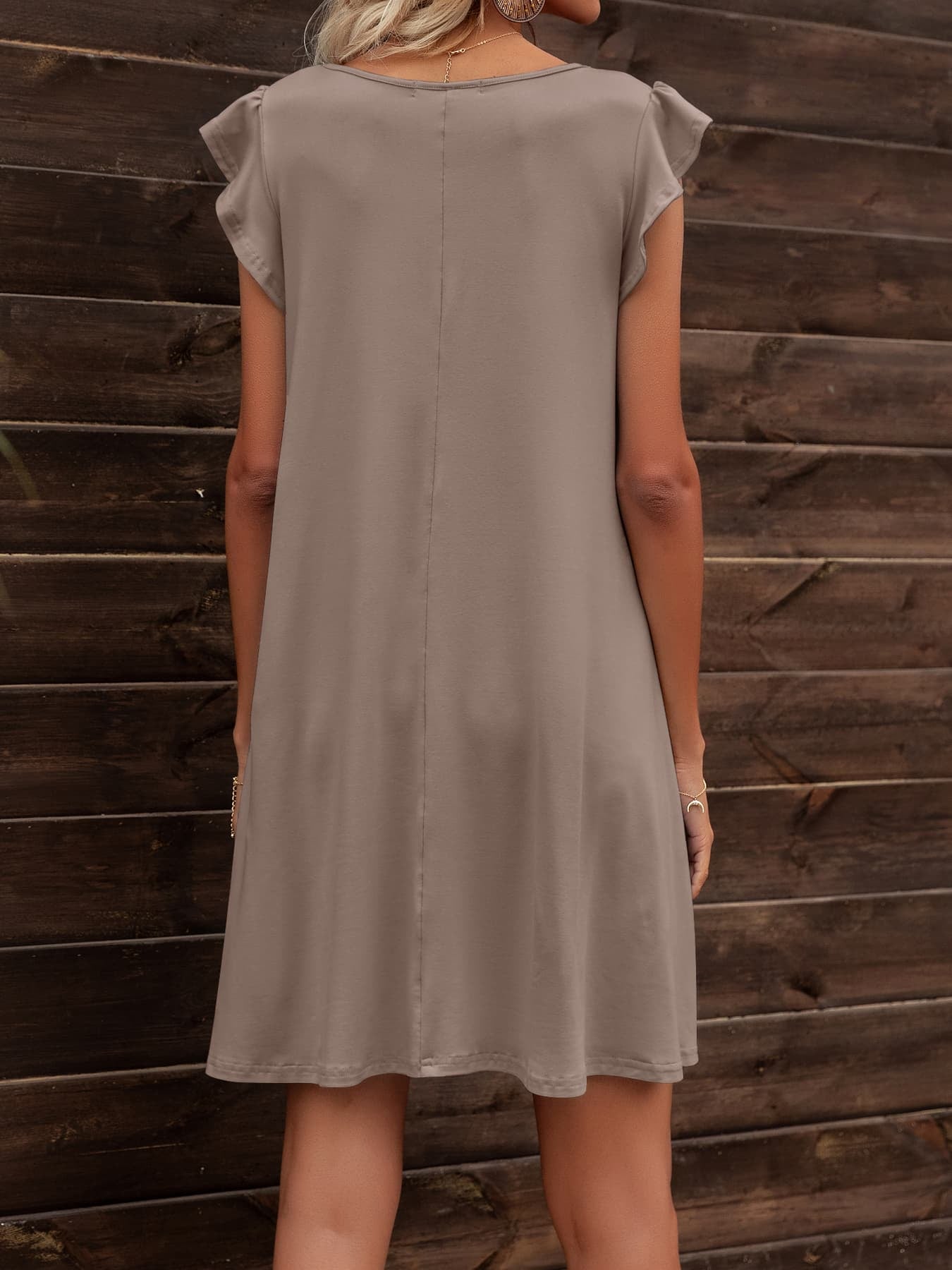 Round Neck Flutter Sleeve Dress with Pockets-Angel Casuals