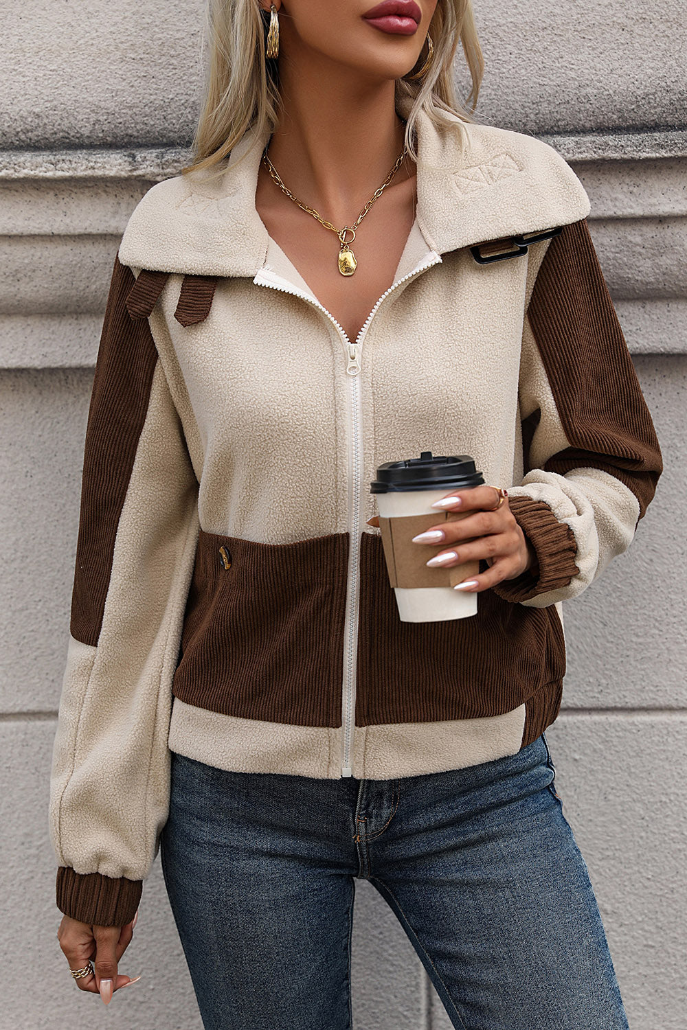 Perfee Color Block Zip Up Pocketed Jacket-Angel Casuals