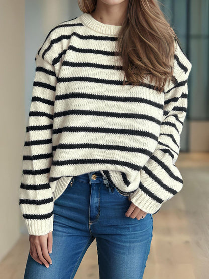 Striped Round Neck Long Sleeve Sweater-Angel Casuals