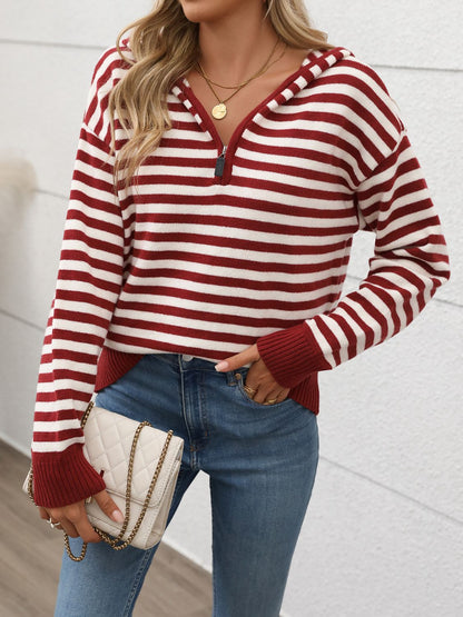 Perfee Striped Long Sleeve Hooded Sweater-Angel Casuals