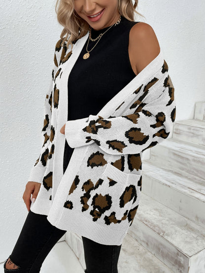 Leopard Open Front Dropped Shoulder Cardigan-Angel Casuals