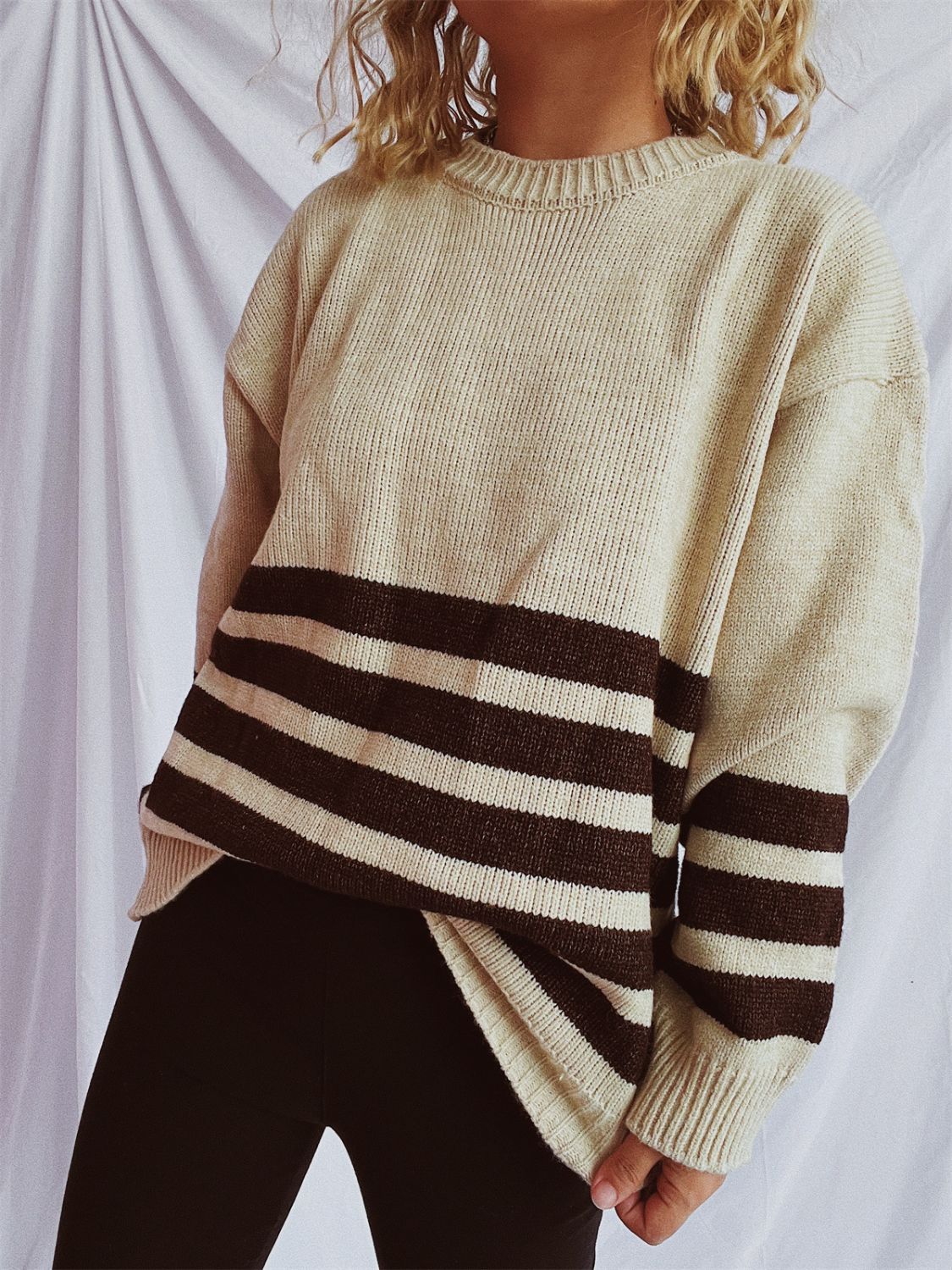 Striped Dropped Shoulder Long Sleeve Sweater-Angel Casuals