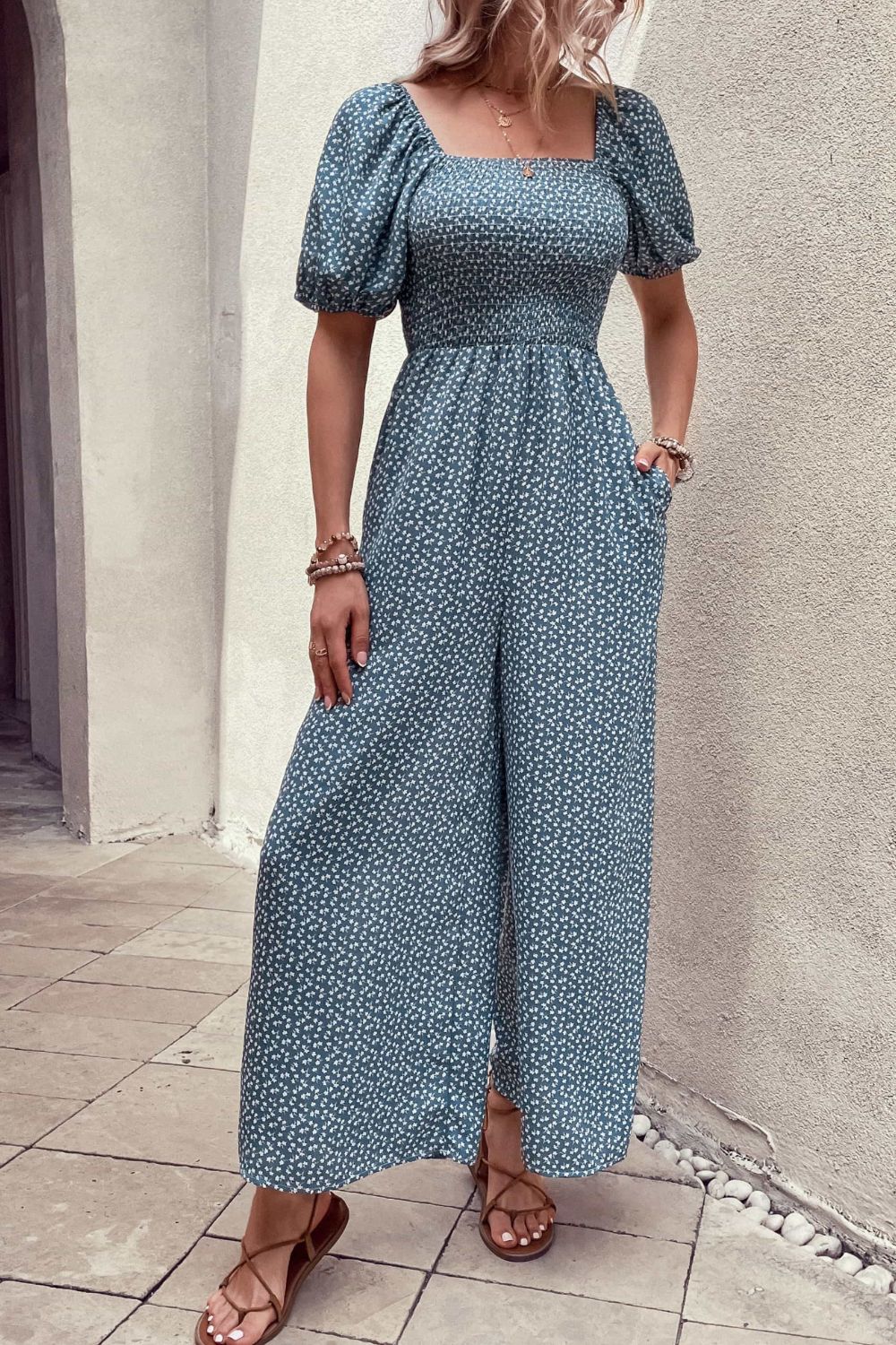 Printed Square Neck Jumpsuit with Pockets-Angel Casuals