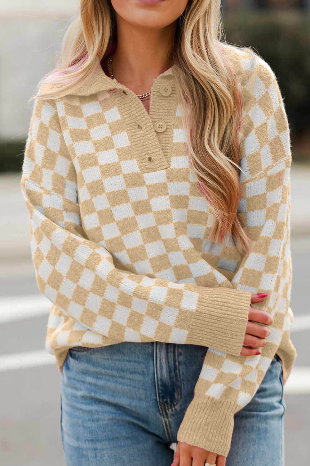 Checkered Collared Neck Long Sleeve Sweater-Angel Casuals