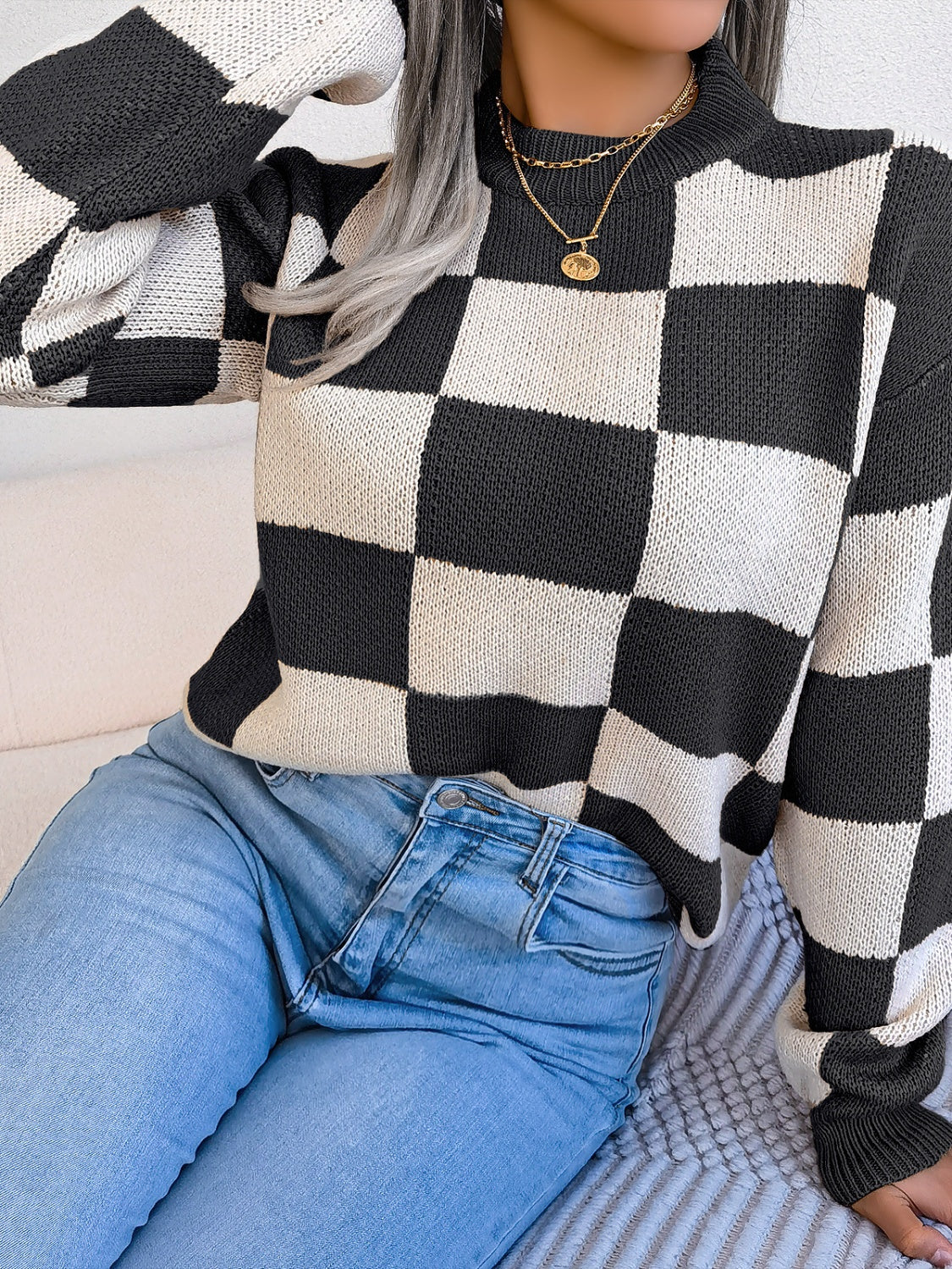 Checkered Mock Neck Long Sleeve Sweater-Angel Casuals