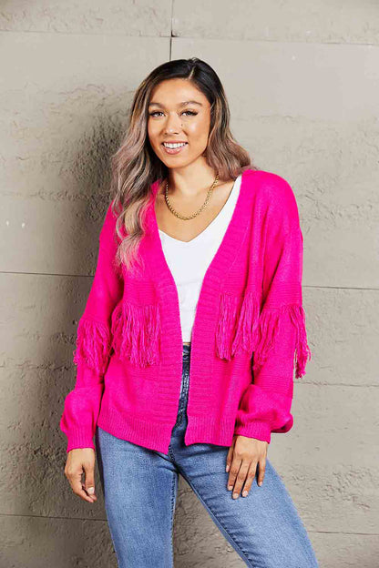 Fringe Trim Open Front Cardigan-Angel Casuals