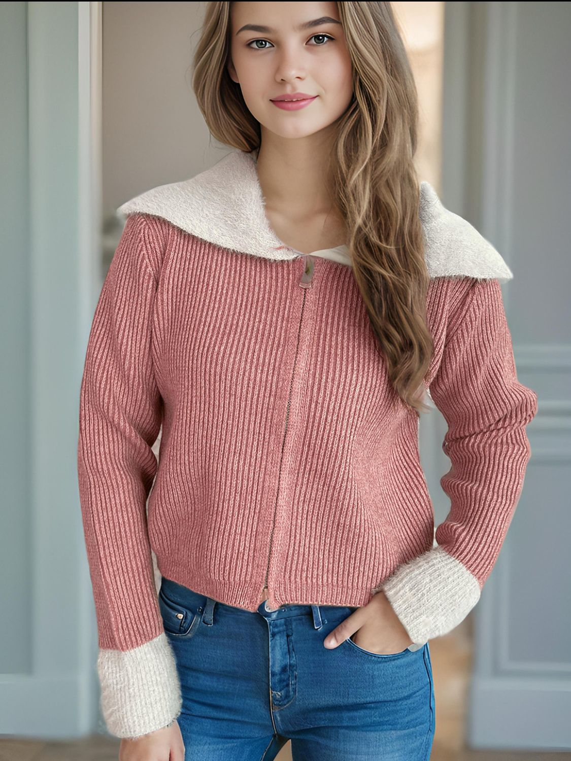 Zip Up Collared Neck Long Sleeve Cardigan-Angel Casuals