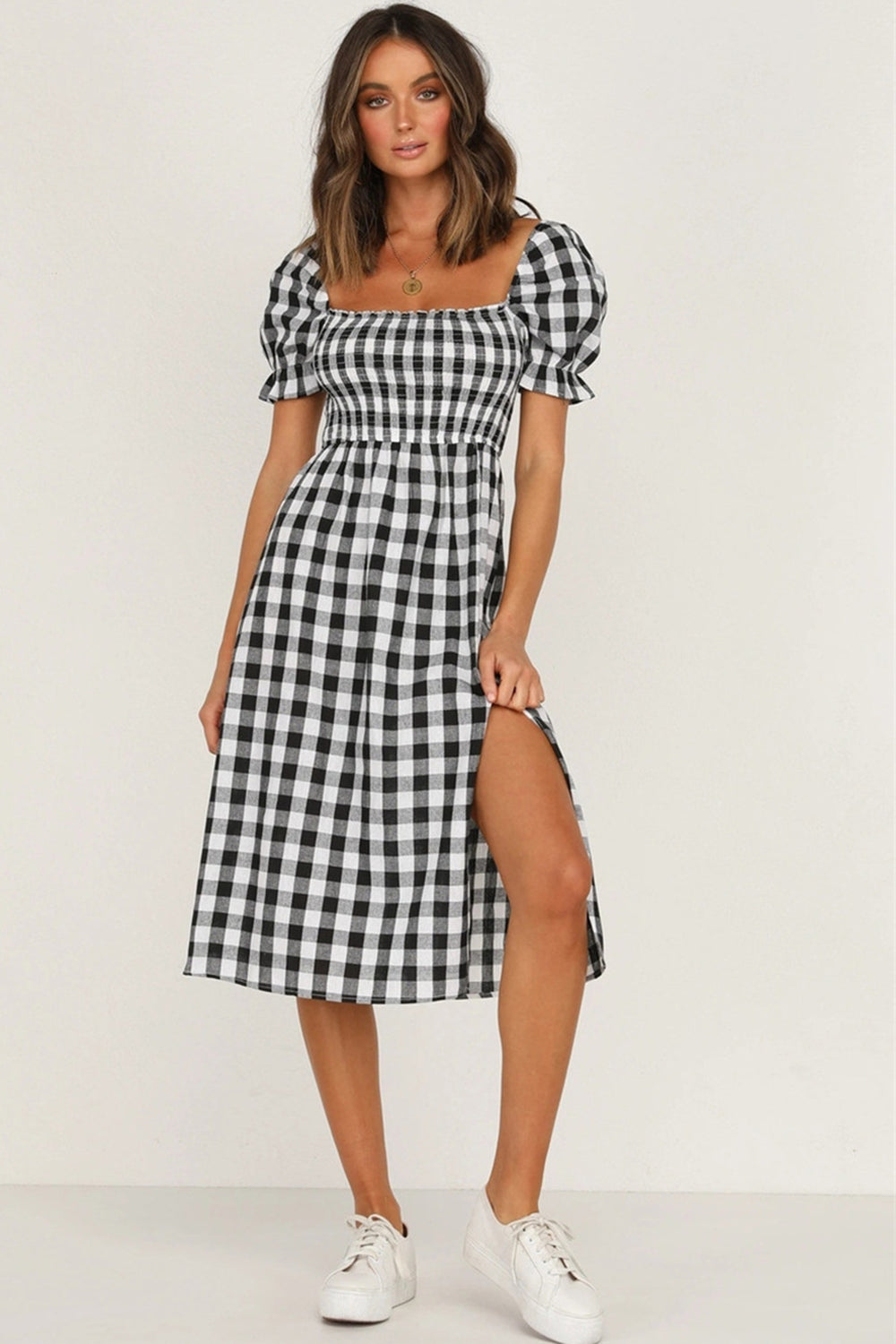 Full Size Slit Plaid Short Sleeve Midi Dress-Angel Casuals