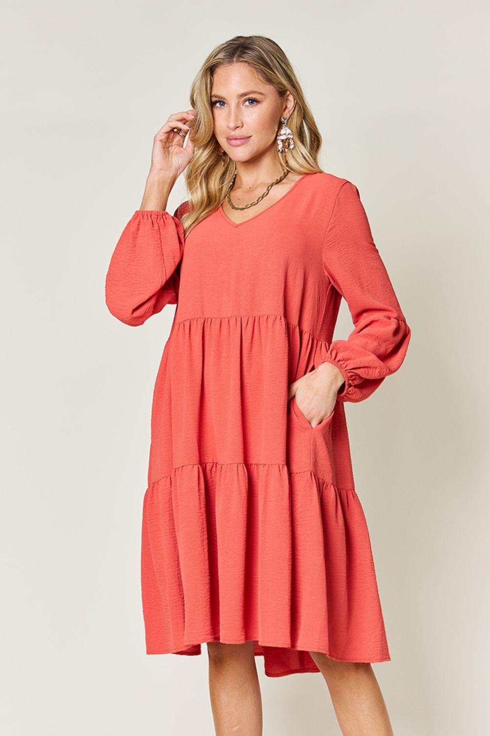 Double Take Full Size V-Neck Balloon Sleeve Tiered Dress-Angel Casuals