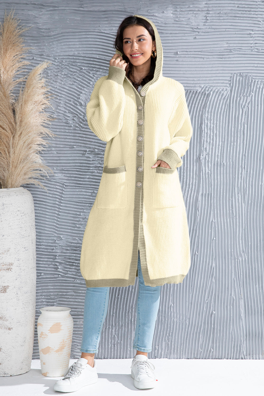 Button Up Contrast Trim Hooded Cardigan-Angel Casuals