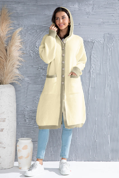 Button Up Contrast Trim Hooded Cardigan-Angel Casuals