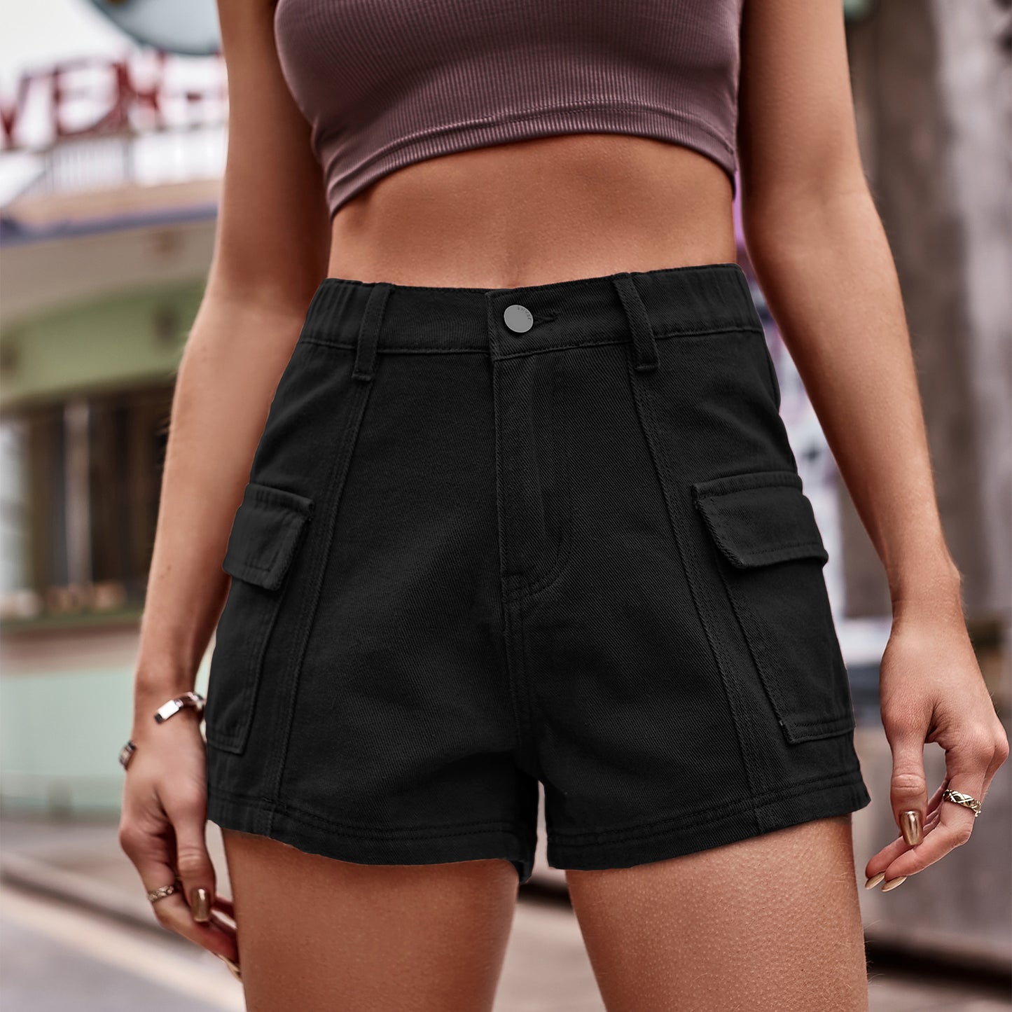 High-Waist Denim Shorts with Pockets-Angel Casuals