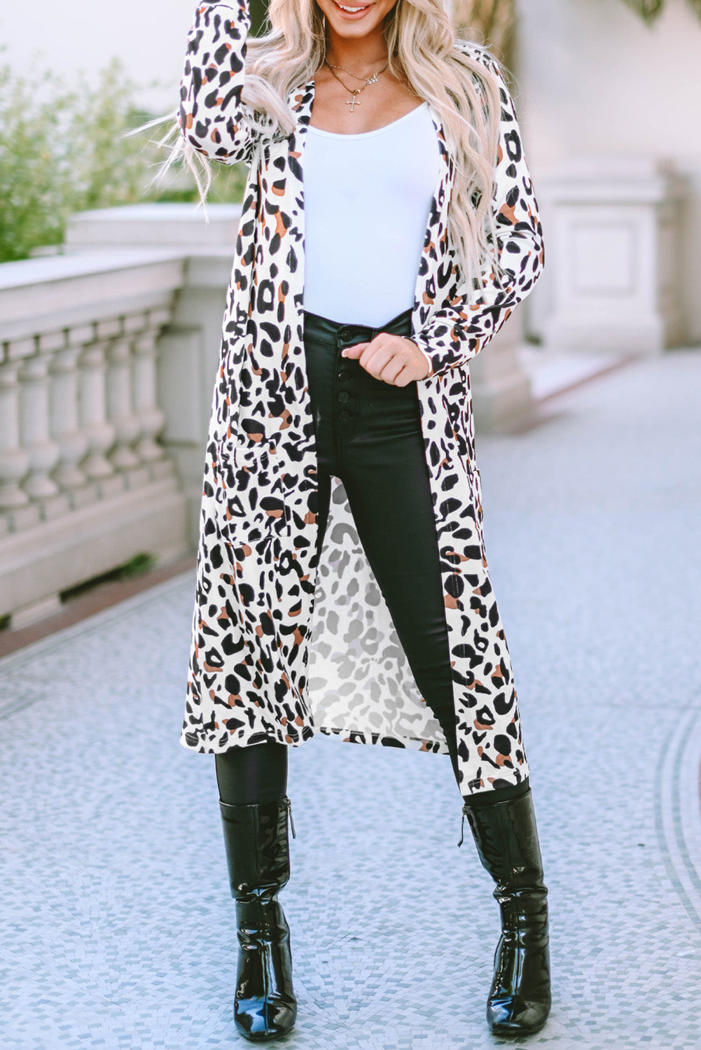 Leopard Open Front Long Sleeve Cover Up-Angel Casuals