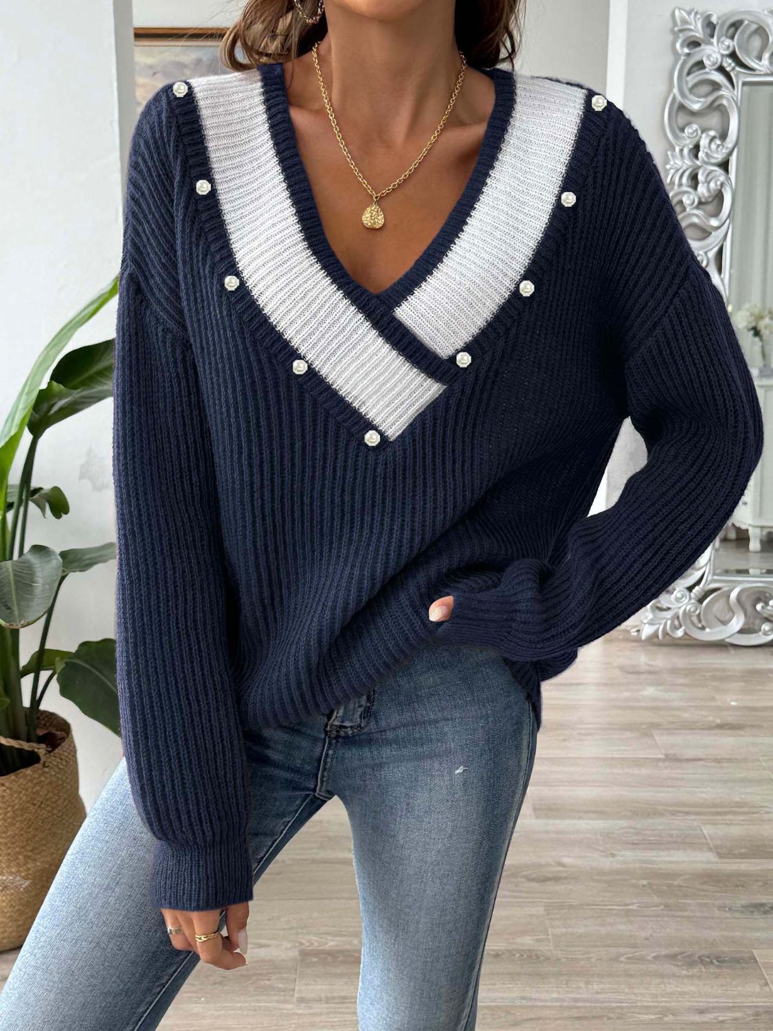 Contrast Trim Dropped Shoulder Long Sleeve Sweater-Angel Casuals