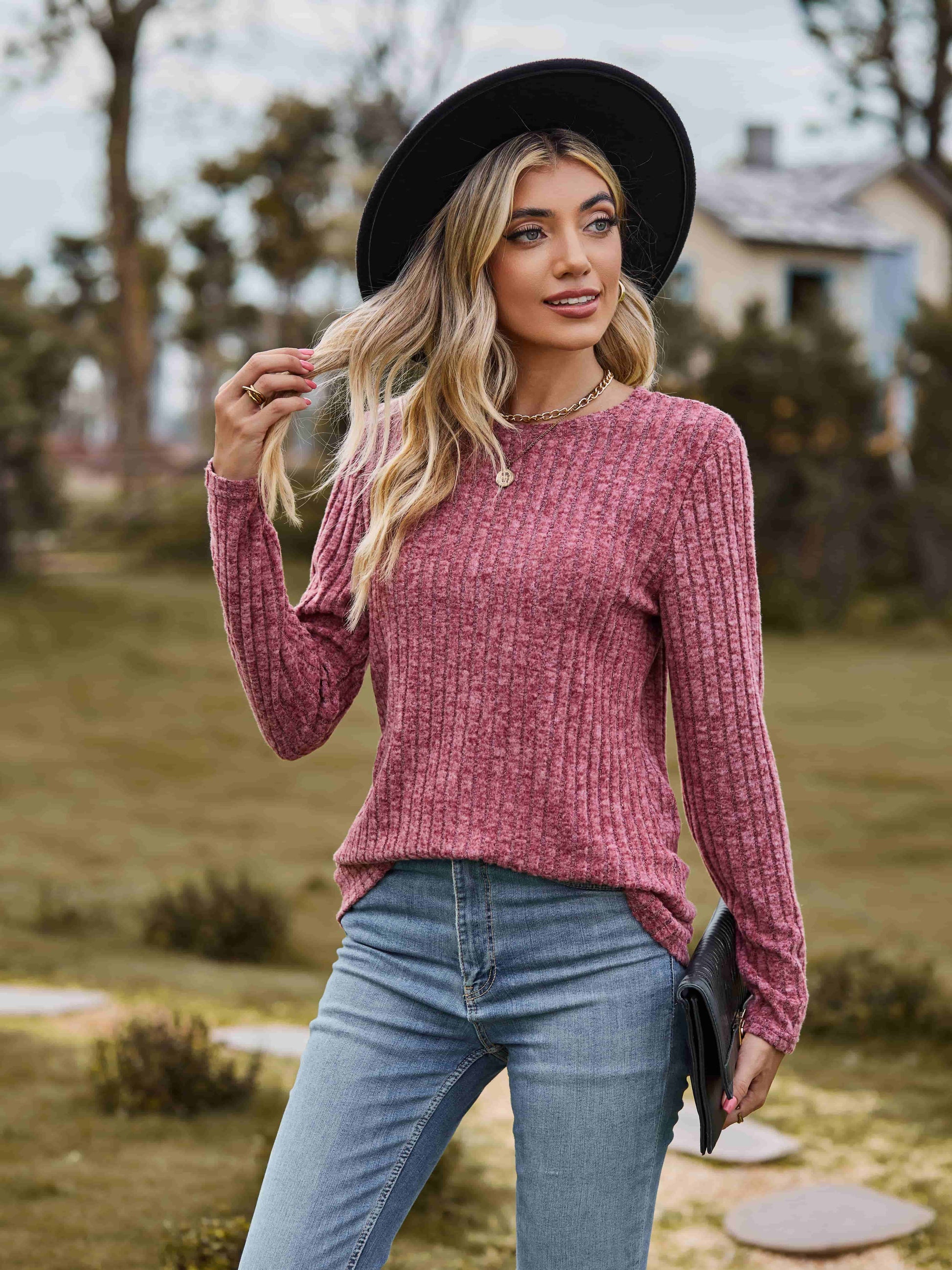 Ribbed Round Neck Long Sleeve Tee-Angel Casuals