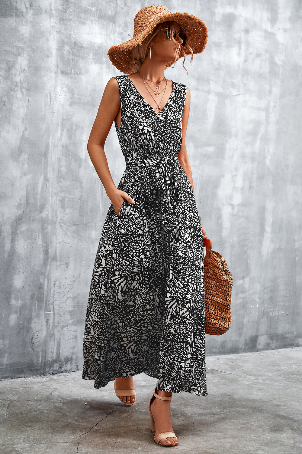 Printed V-Neck Tie Waist Maxi Dress-Angel Casuals