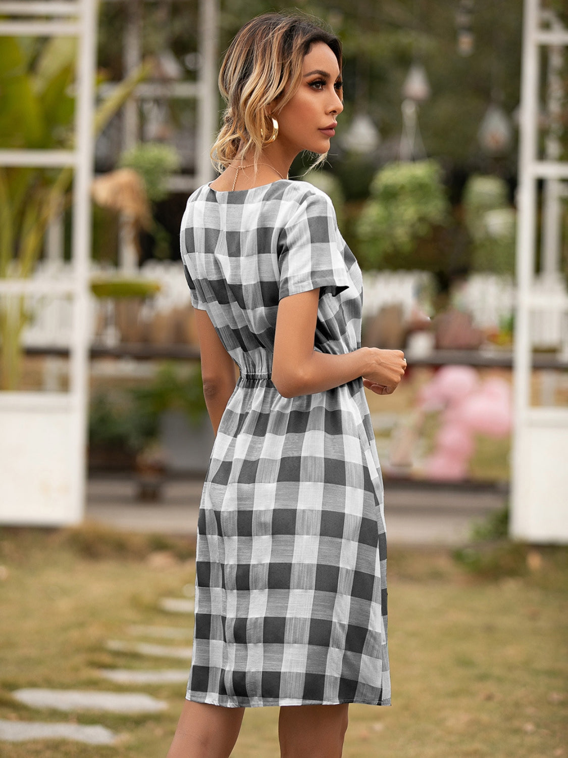 Smocked Plaid Round Neck Short Sleeve Dress-Angel Casuals