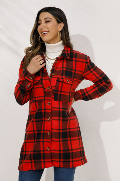 Shiny Plaid Collared Longline Coat-Angel Casuals