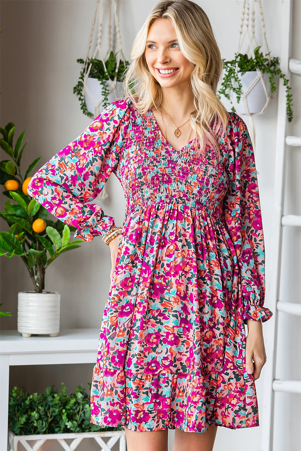 Floral Smocked V-Neck Flounce Sleeve Dress-Angel Casuals