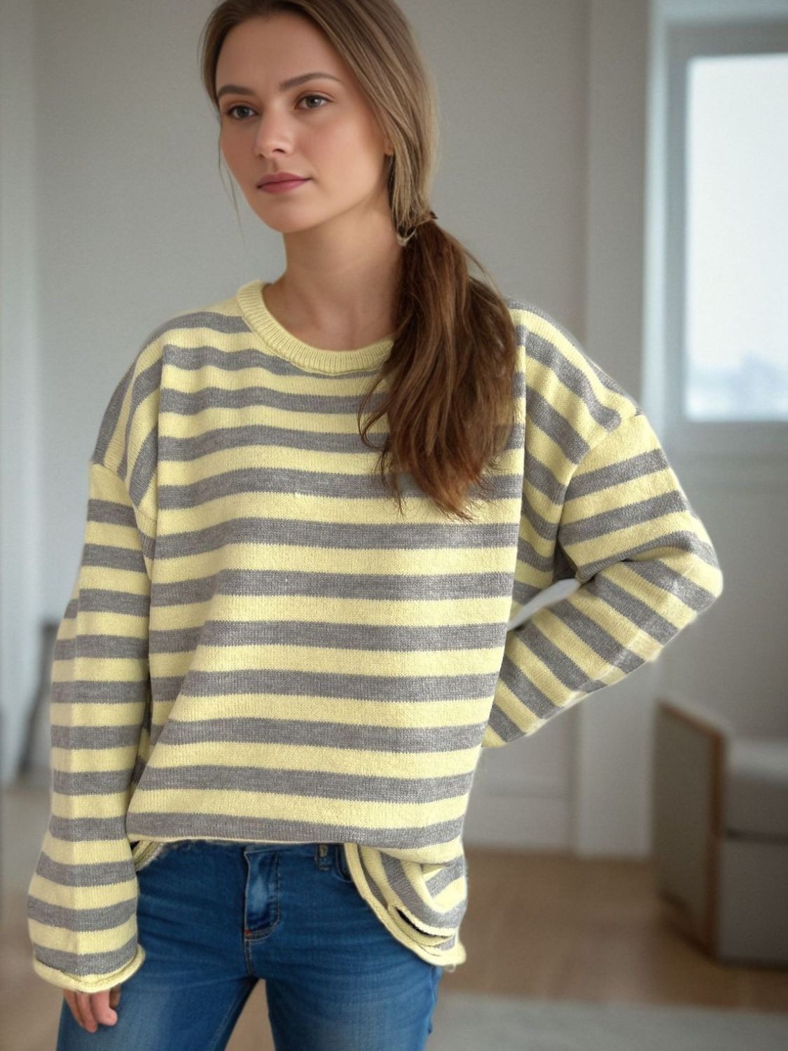 Distressed Striped Round Neck Long Sleeve Sweater-Angel Casuals