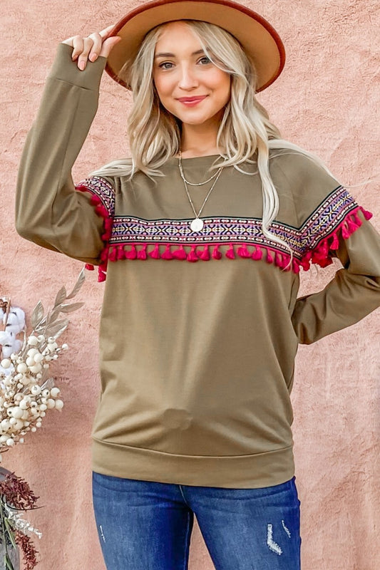 And The Why Ethnic Ribbon Tassel Trim Top-Angel Casuals