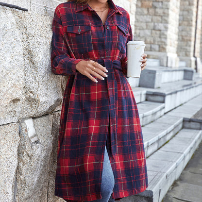 Plaid Belted Button Down Longline Shirt Jacket-Angel Casuals