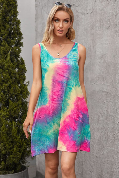 Tie-Dye Sleeveless Dress with Pockets-Angel Casuals