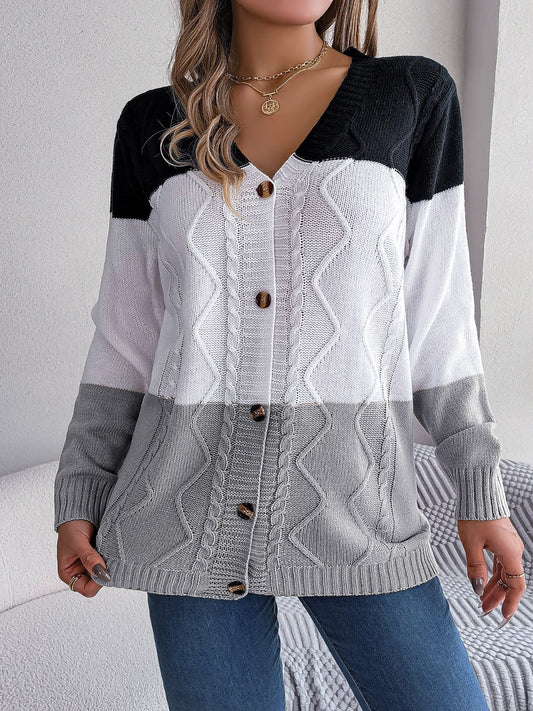 Cable-Knit Striped Button Up Cardigan-Angel Casuals