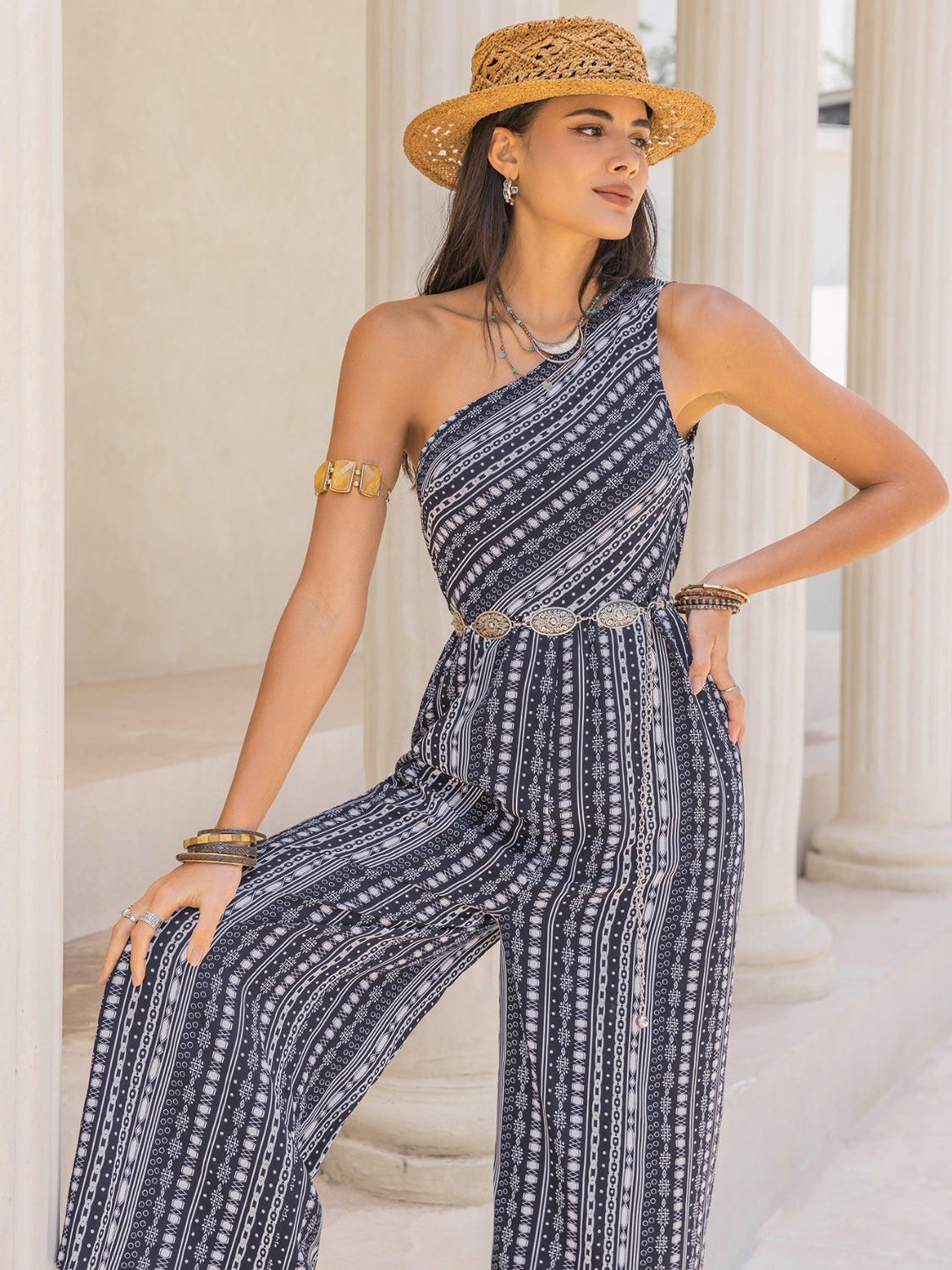 Printed Single Shoulder Sleeveless Jumpsuit-Angel Casuals