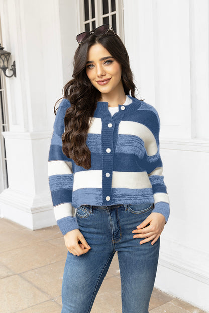 Striped Button Up Long Sleeve Cardigan-Angel Casuals
