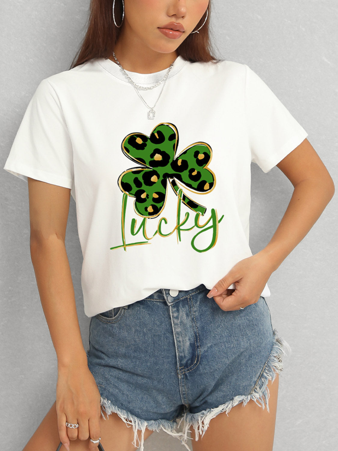 Lucky Clover Round Neck Short Sleeve T-Shirt-Angel Casuals