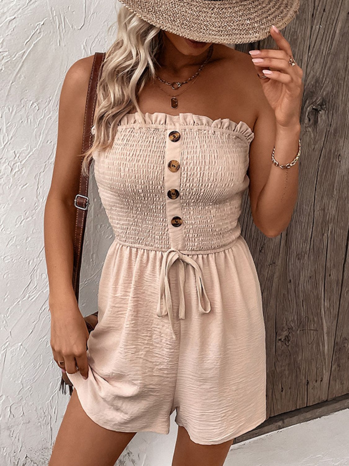 Decorative Button Smocked Strapless Romper-Angel Casuals