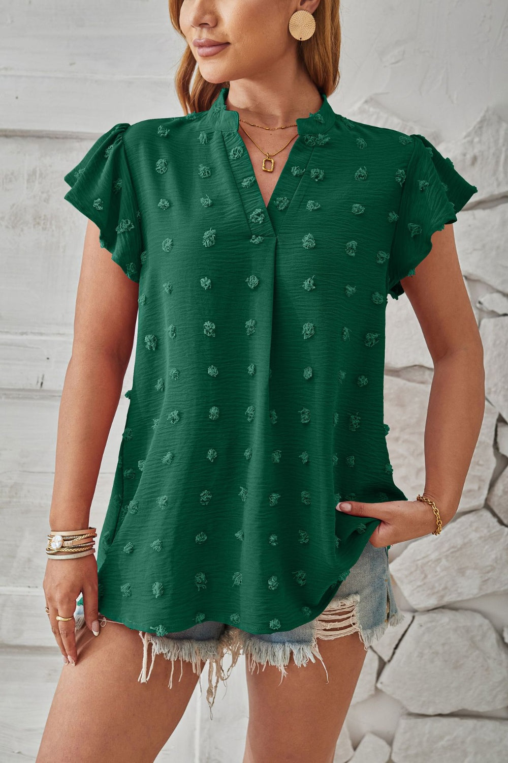 Swiss Dot Notched Cap Sleeve T-Shirt-Angel Casuals
