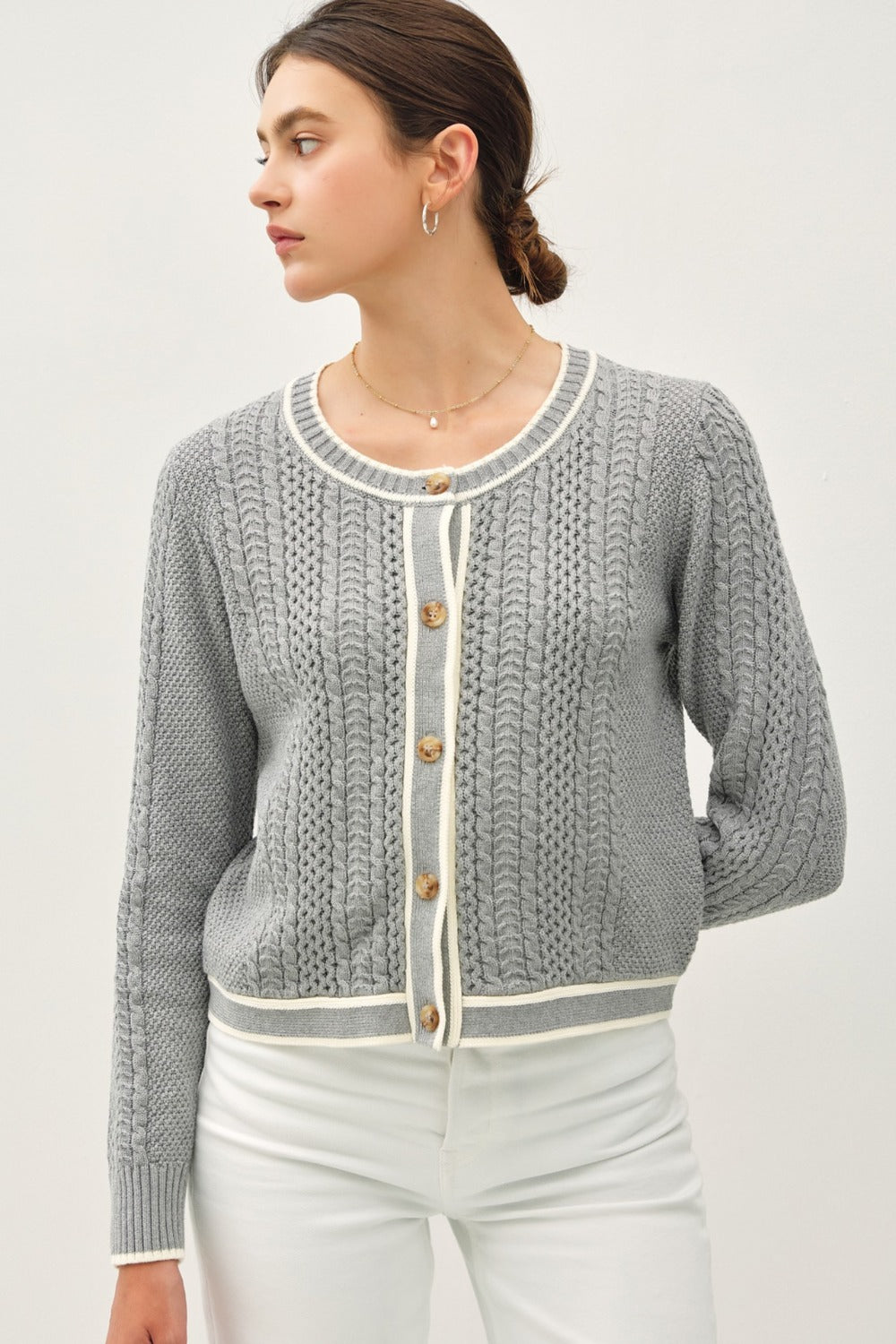 Be Cool Cable Knit Long Sleeve Contrast Edge Cardigan-Angel Casuals