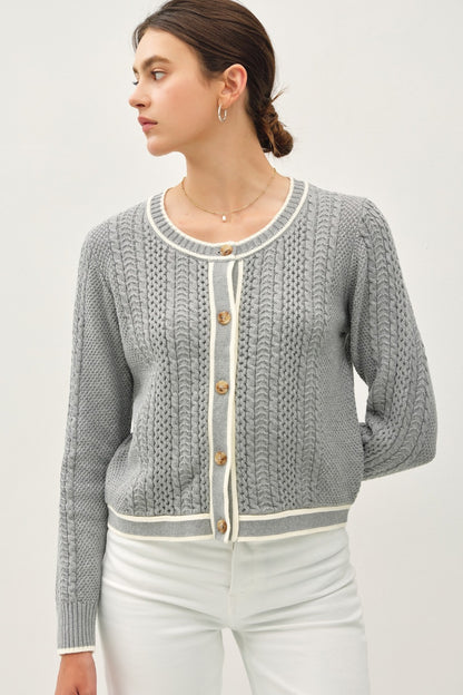 Be Cool Cable Knit Long Sleeve Contrast Edge Cardigan-Angel Casuals