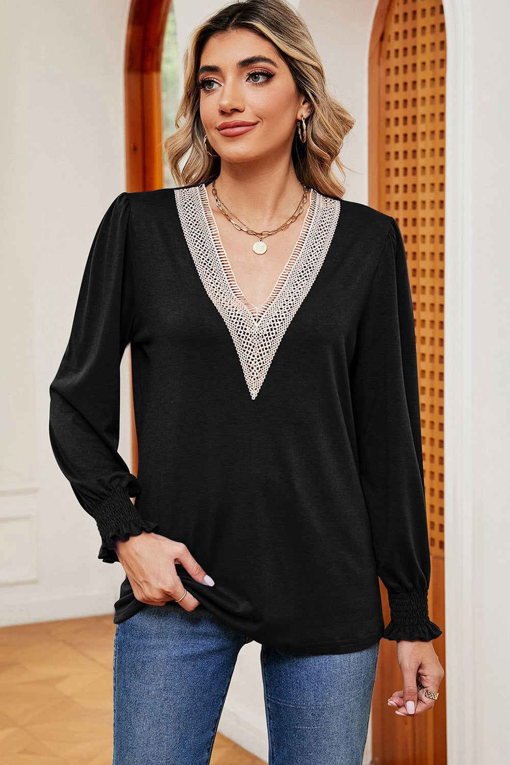 Lace Detail V-Neck Lantern Sleeve T-Shirt-Angel Casuals
