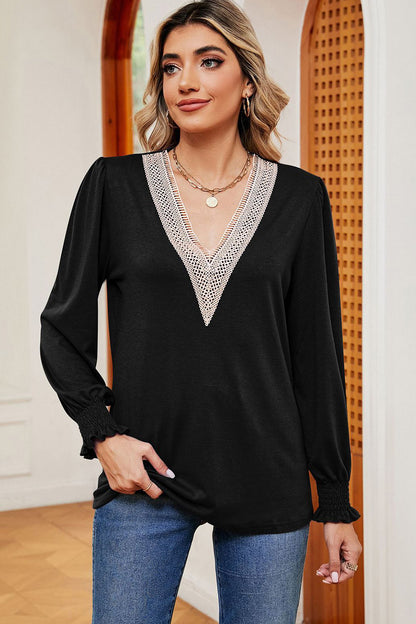 Lace Detail V-Neck Lantern Sleeve T-Shirt-Angel Casuals