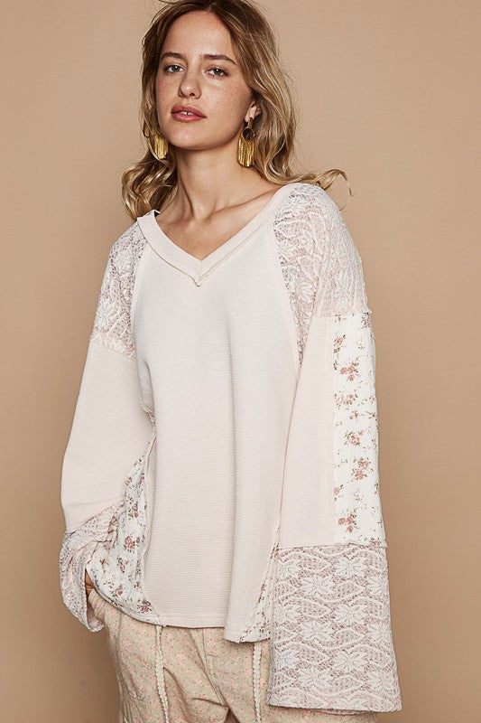 POL Lace Floral Round Neck Knit Top-Angel Casuals