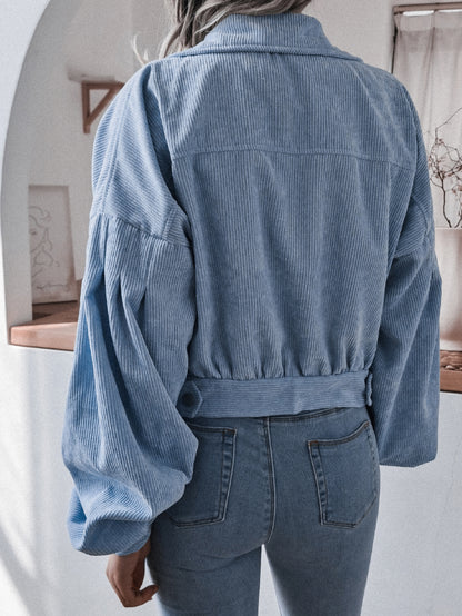 Lantern Sleeve Cropped Corduroy Jacket-Angel Casuals