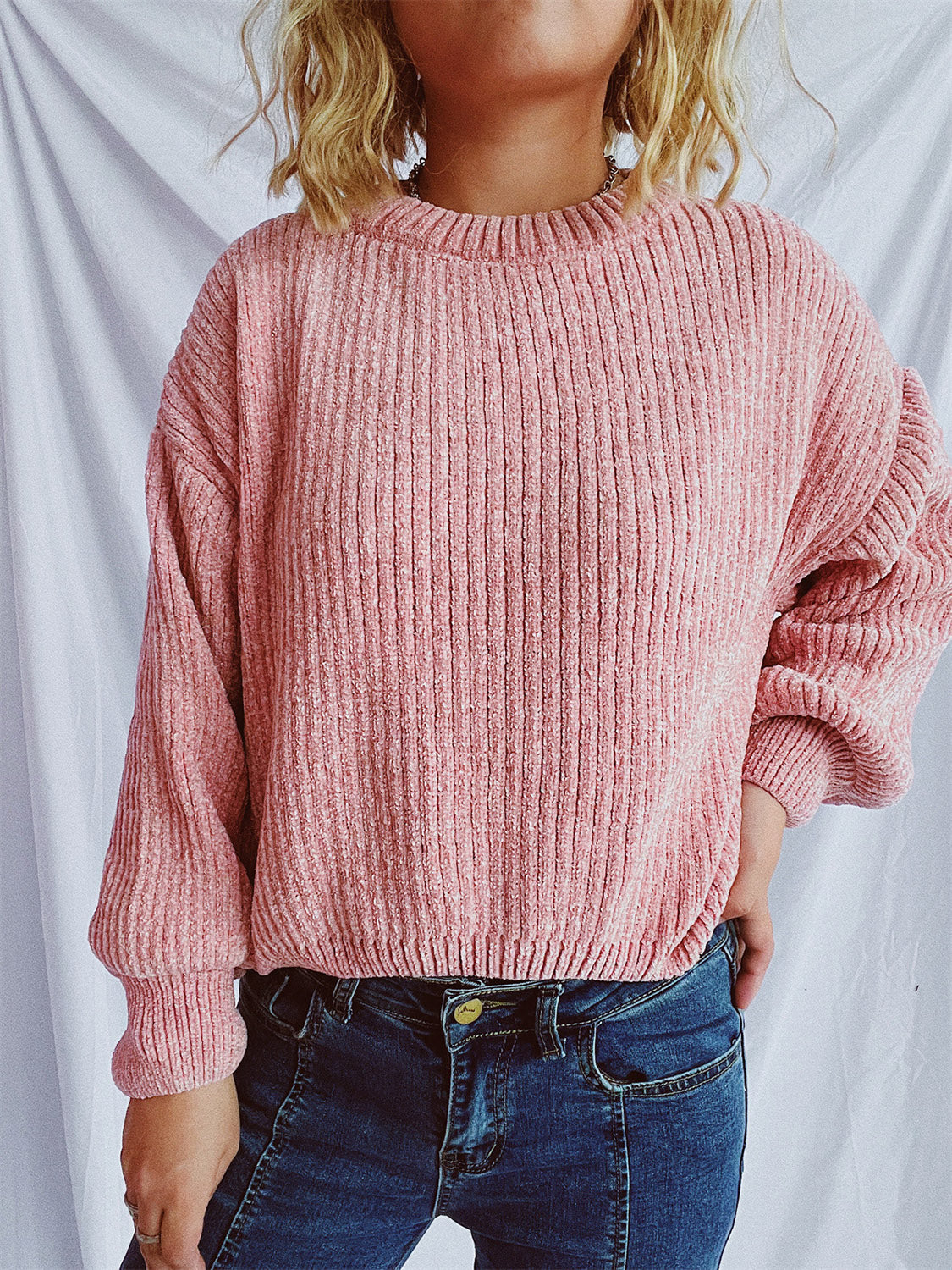 Round Neck Dropped Shoulder Long Sleeve Sweater-Angel Casuals